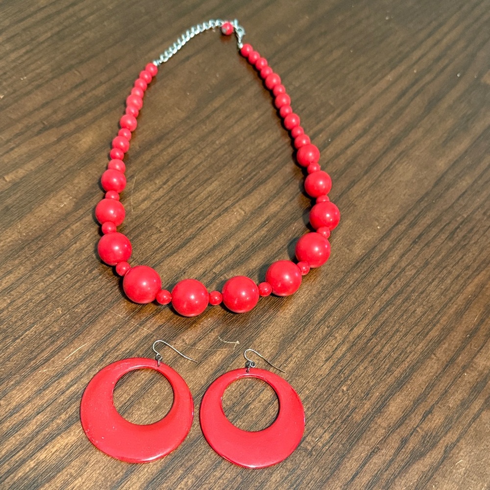 Red Beaded Necklace and Earring Set